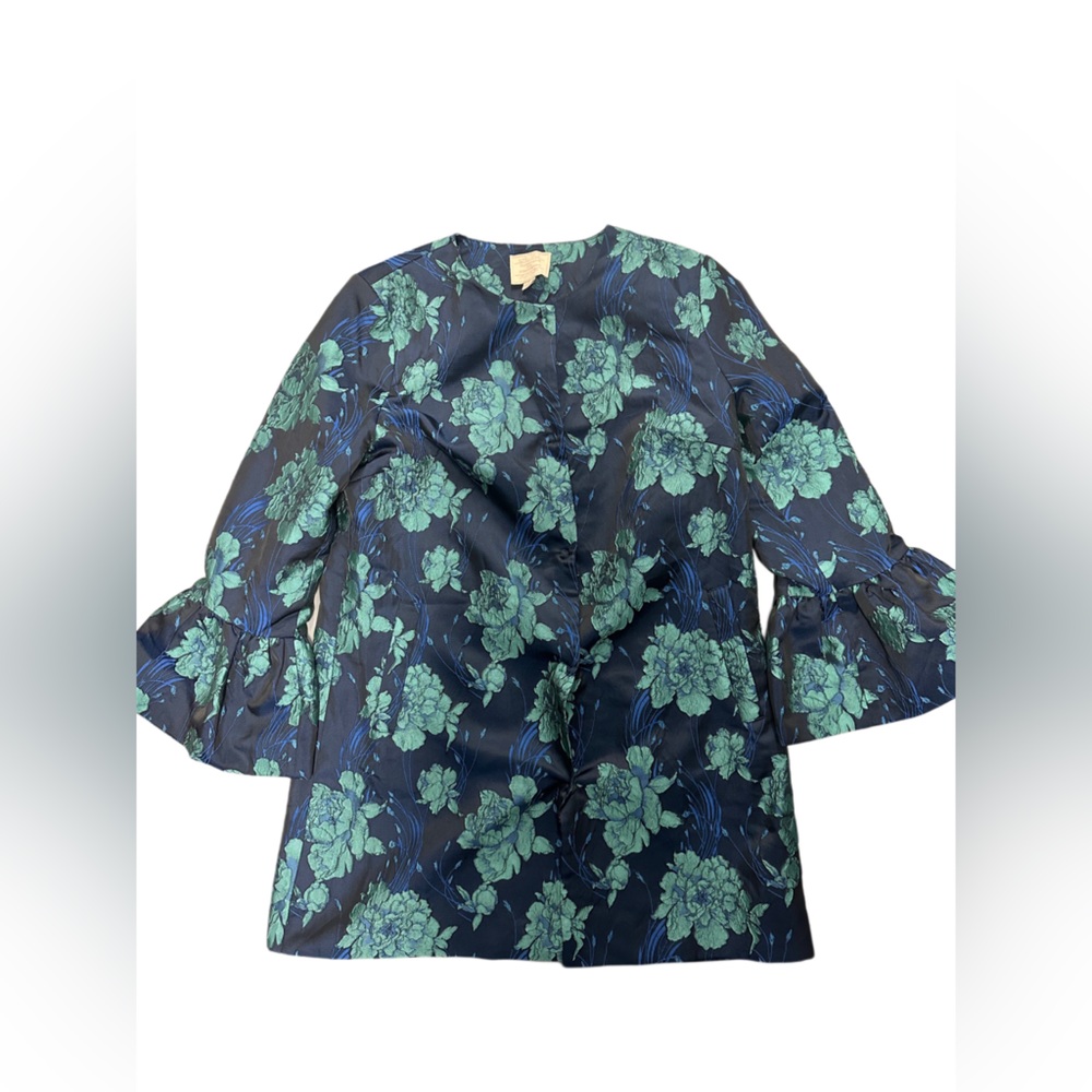 Floral Print Bell-Sleeve Blazer Jacket - Navy & Teal